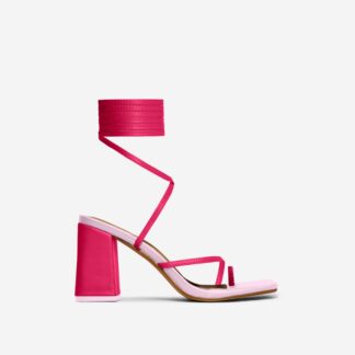 Follow-Heart Lace Up Strappy Square Toe Low Block Heel In Pink Faux Leather, Pink