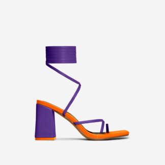 Follow-Heart Lace Up Strappy Square Toe Low Block Heel In Purple And Orange Faux Leather, Purple