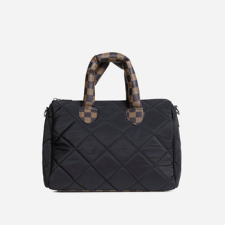 Ford Check Print Top Handle Tote Bag In Quilted Black Nylon,, Black