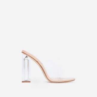 Fusion Peep Toe Perspex Block Clear Heel Mule In Nude Patent, Nude