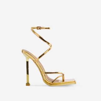 Galaxy Strappy Square Toe Stiletto Heel In Gold Metallic Patent, Gold