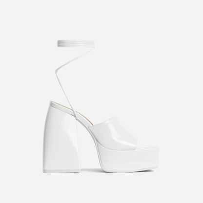 Angelic Lace Up Square Peep Toe Platform Block Heel In White Patent, White