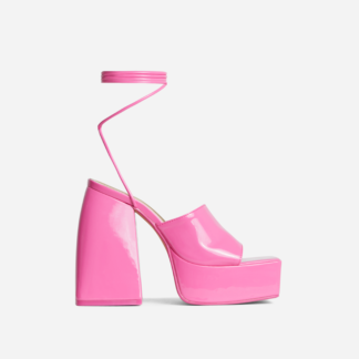 Angelic Lace Up Square Peep Toe Platform Block Heel In Pink Patent, Pink