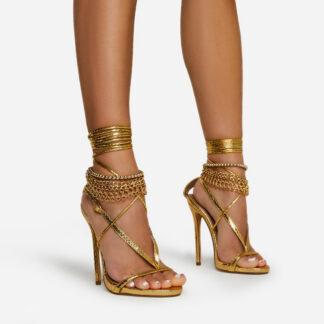 Genie Lace Up Chain Buckle Detail Open Toe Platform Stiletto Heel In Gold Snake Print Faux Leather, Gold