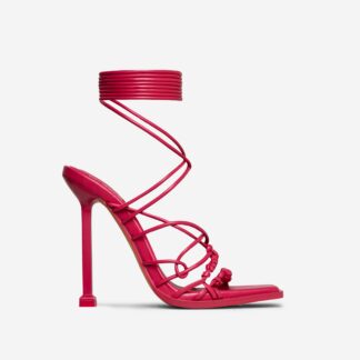 Girl-Talks Lace Up Knotted Strap Square Toe Heel In Pink Faux Leather, Pink