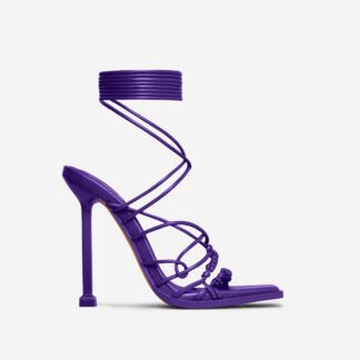 Girl-Talks Lace Up Knotted Strap Square Toe Heel In Purple Faux Leather, Purple