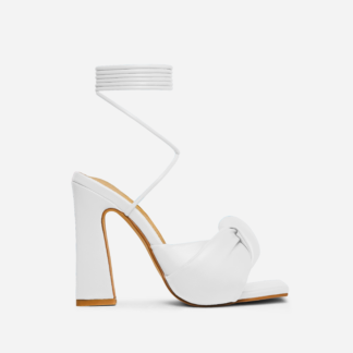 Goal-Digger Lace Up Padded Knot Detail Square Toe Flared Block Heel In White Faux Leather, White