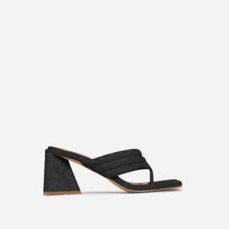 Gracias Padded Strap Square Toe Low Statement Block Heel Mule In Black Faux Suede, Black