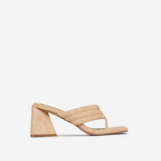 Gracias Wide Fit Padded Strap Square Toe Low Statement Block Heel Mule In Nude Faux Suede, Nude