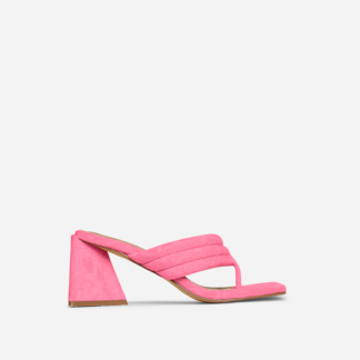 Gracias Wide Fit Padded Strap Square Toe Low Statement Block Heel Mule In Pink Faux Suede, Pink