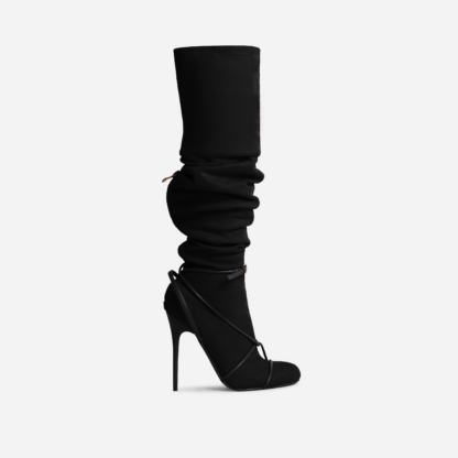 Come-Through Twisted Strap Detail Over The Knee Thigh High Long Stiletto Heel Boot In Black Faux Suede, Black