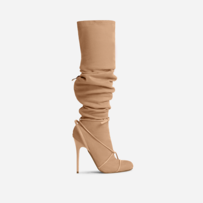 Come-Through Twisted Strap Detail Over The Knee Thigh High Long Stiletto Heel Boot In Nude Faux Suede, Nude