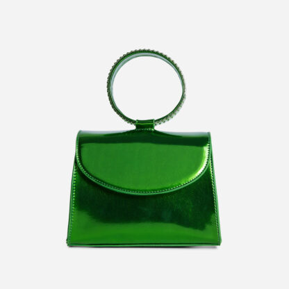 Hazel Link Detail Top Handle Grab Bag In Green Metallic Faux Leather,, Green