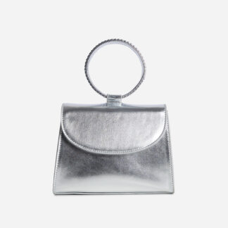 Hazel Link Detail Top Handle Grab Bag In Silver Metallic Faux Leather,, Silver