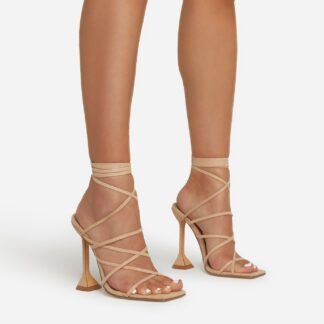 Influence Strappy Lace Up Square Toe Sculptured Heel In Nude Faux Suede, Nude