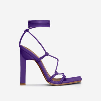 Into-Light Lace Up Knotted Strap Square Toe Stiletto Heel In Purple Faux Leather, Purple