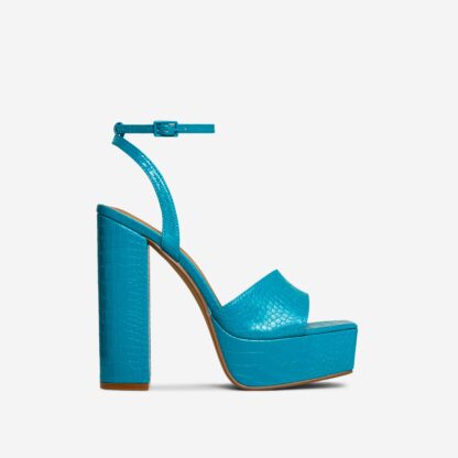 Jenner Barely There Square Toe Platform Block Heel In Teal Blue Croc Print Patent, Blue