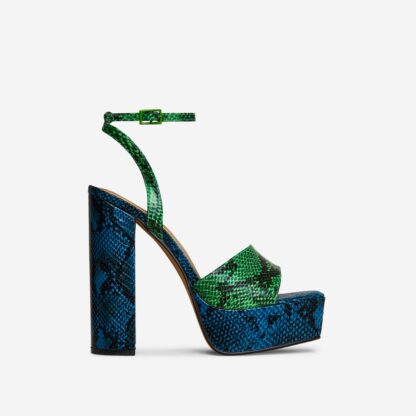 Jenner Barely There Square Toe Platform Block Heel In Blue And Green Snake Print Faux Leather, Blue