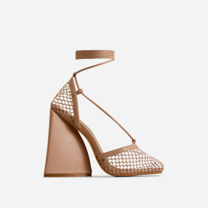 Journee Lace Up Square Toe Statement Block Heel In Nude Fishnet, Nude