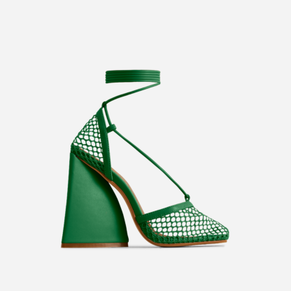 Journee Lace Up Square Toe Statement Block Heel In Green Fishnet, Green