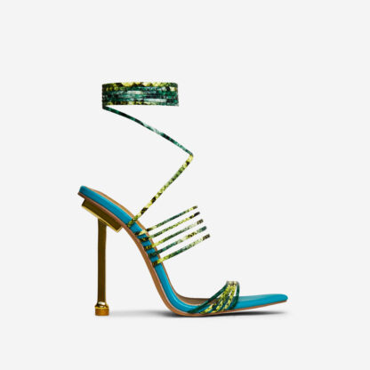 Joy Lace Up Strappy Pointed Toe Metallic Stiletto Heel In Blue And Green Snake Print Faux Leather, Blue