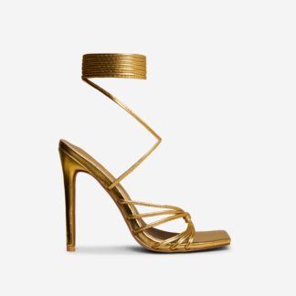 Kyle Lace Up Knotted Strap Square Toe Stiletto Heel In Gold Metallic Faux Leather, Gold