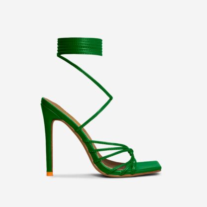 Kyle Lace Up Knotted Strap Square Toe Stiletto Heel In Green Faux Leather, Green