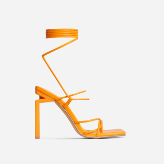 Laced Wide Fit Strappy Square Toe Cut Out Thin Block Heel In Orange Faux Leather, Orange