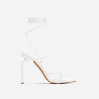 Laced Strappy Square Toe Cut Out Thin Block Heel In White Faux Leather, White