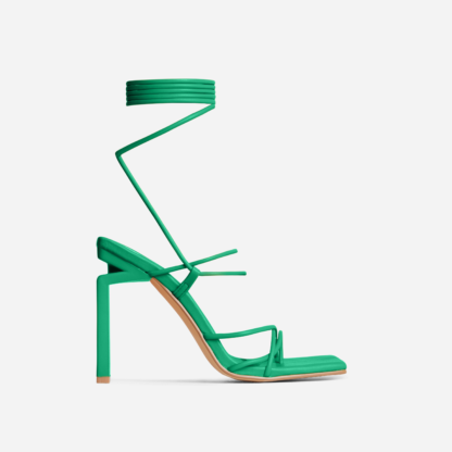 Laced Strappy Square Toe Cut Out Thin Block Heel In Green Faux Leather, Green