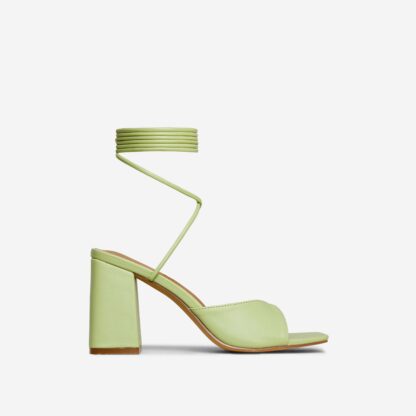 Lady-Boss Lace Up Square Toe Block Heel In Green Faux Leather, Green