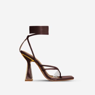 Last-Call Lace Up Gold Detail Square Toe Statement Block Heel In Brown Faux Leather, Brown