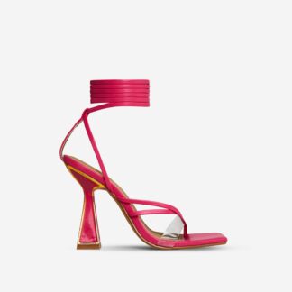 Last-Call Lace Up Gold Detail Square Toe Statement Block Heel In Pink Faux Leather, Pink