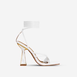 Last-Call Lace Up Gold Detail Square Toe Statement Block Heel In White Faux Leather, White