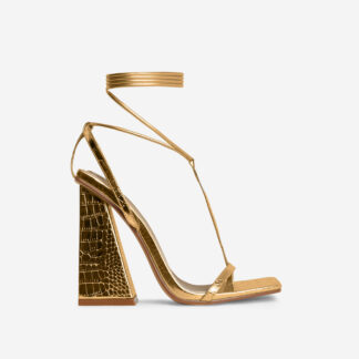 Late-Night Lace Up T-Bar Strap Square Toe Statement Flared Block Heel In Gold Croc Print Faux Leather, Gold