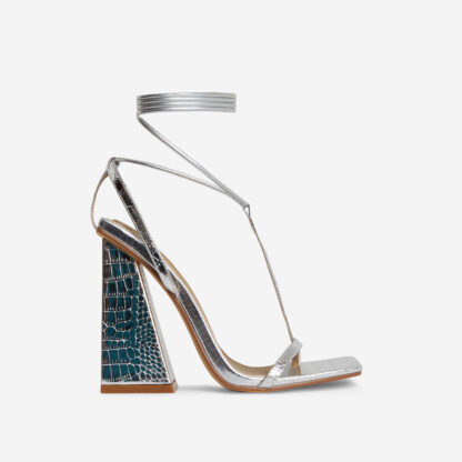 Late-Night Lace Up T-Bar Strap Square Toe Statement Flared Block Heel In Silver Croc Print Faux Leather, Silver