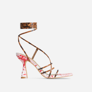 Lemoore Lace Up Strappy Square Toe Low Heel In Brown And White Snake Print Faux Leather, Pink