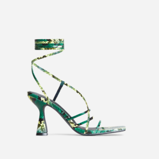 Lemoore Lace Up Strappy Square Toe Low Heel In Yellow And Green Snake Print Faux Leather, Yellow