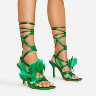 Levitating Lace Up Faux Feather Detail Strappy Square Toe Heel In Green Satin, Green