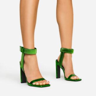 Lisa Link Strap Detail Square Toe Thin Block Barely There Heel In Green Metallic Faux Leather, Green