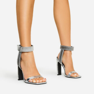 Lisa Link Strap Detail Square Toe Thin Block Barely There Heel In Silver Metallic Faux Leather, Silver