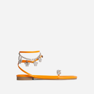 Longfellow Diamante Butterfly Detail Strappy Flat Sandal In Orange Faux Leather, Orange