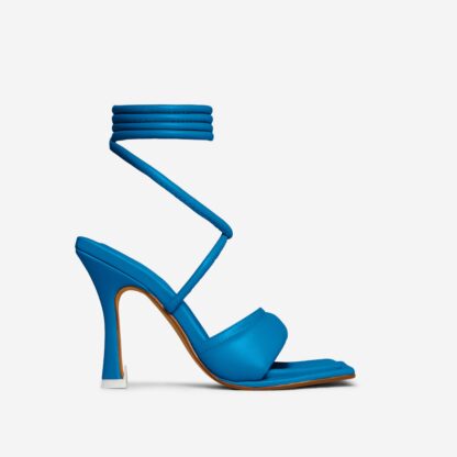 Love-Again Lace Up Padded Strap Detail Square Toe Heel In Teal Blue Faux Leather, Blue