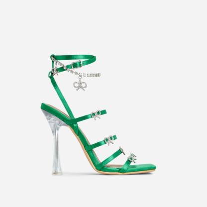 Maeve Strappy Diamante Bow Detail Square Toe Clear Perspex Heel In Green Satin, Green