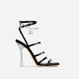 Maeve Strappy Diamante Bow Detail Square Toe Clear Perspex Heel In Black Satin, Black