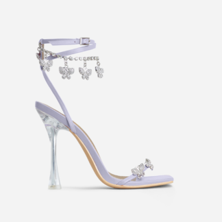 Mariposa Diamante Butterfly Detail Square Toe Clear Perspex Heel In Lilac Faux Leather, Purple