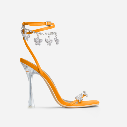 Mariposa Diamante Butterfly Detail Square Toe Clear Perspex Heel In Orange Faux Leather, Orange