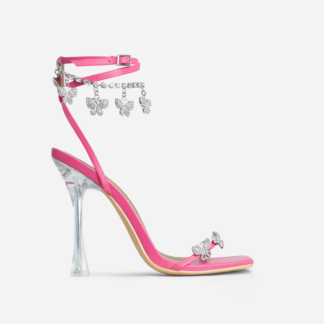 Mariposa Diamante Butterfly Detail Square Toe Clear Perspex Heel In Pink Faux Leather, Pink