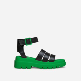 Mata-Hari Triple Strap Cleated Flatform Sandal In Black And Green Faux Leather, Black