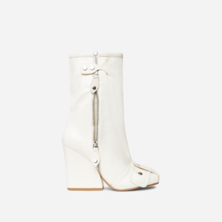 Mayu Buckle Detail Square Toe Wedge Heel Ankle Biker Boot In Cream Nude Faux Leather, Nude